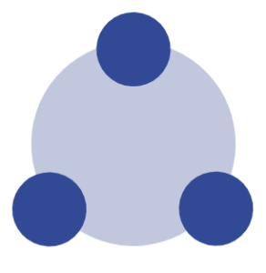 Icona a forma di cerchio blu con tre cerchi blu piccoli organizzati a triangolo per rappresentare che la nostra missione, competenza e innovazione.