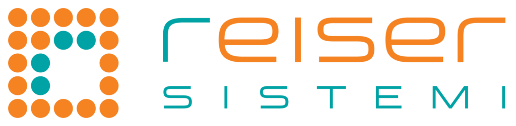 Logo di Reiser Sistemi con cerchi arancioni e verde acqua.