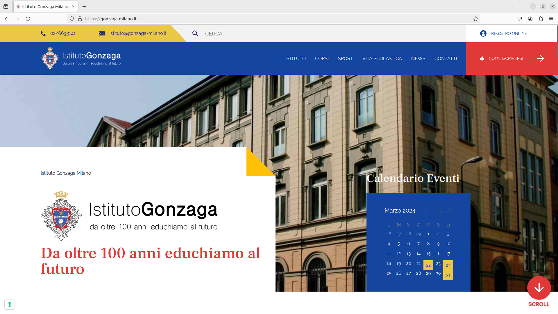 Immagine che mostra l’anteprima della home page del sito web sviluppato per l'Istituo Gonzaga a Milano.