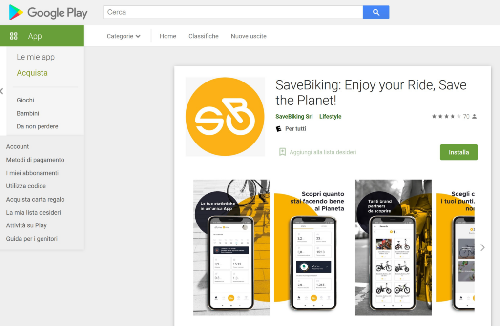 Immagine che mostra diverse visualizzazioni in anteprima dell'app SaveBiking nello store di Google Play.