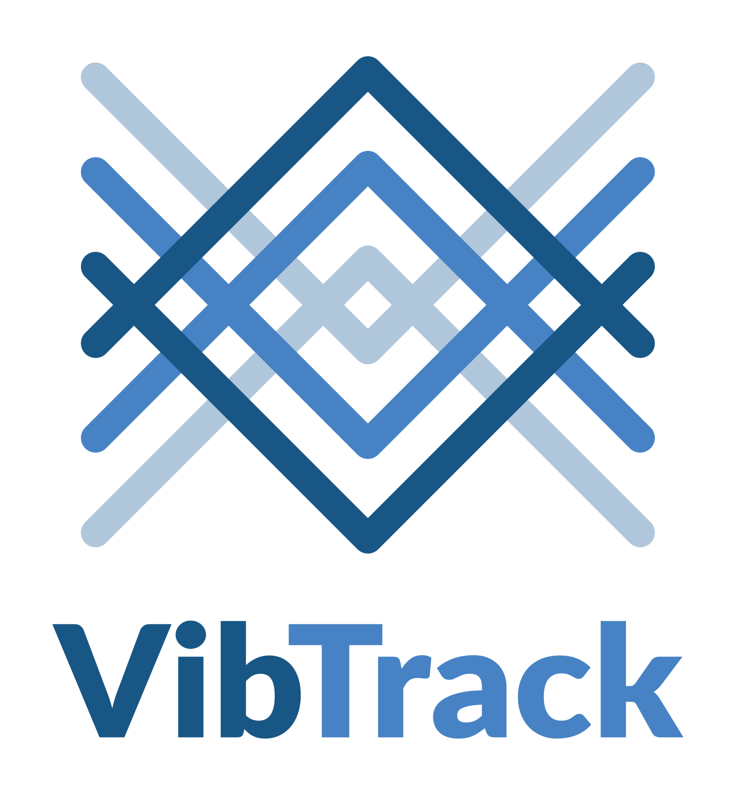 Logo nome VibTrack con sopra il pictogramma di VibTrack composto da 6 V che si intrecciano formando un rombo che si integra